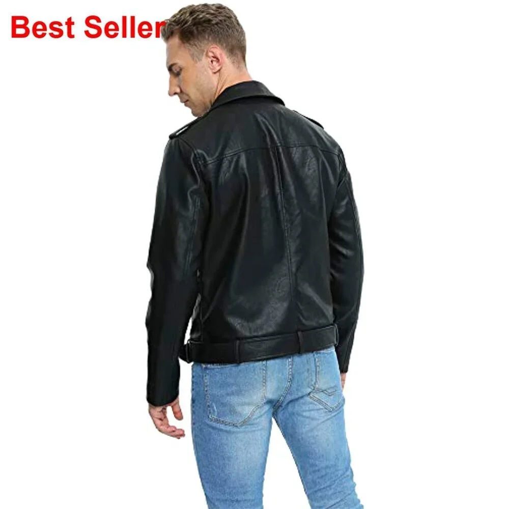 Faux Leather Bomber Jacket, Slim Fit Biker Coat with Belt